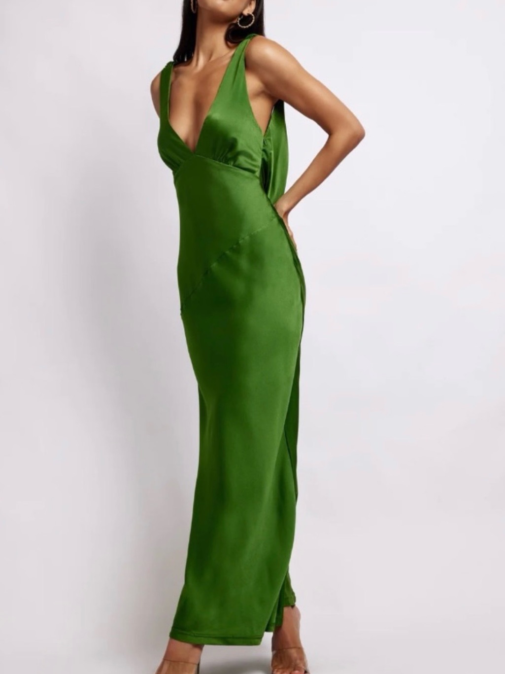 Meshki Emerald Green Satin V-Neck Maxi Dress